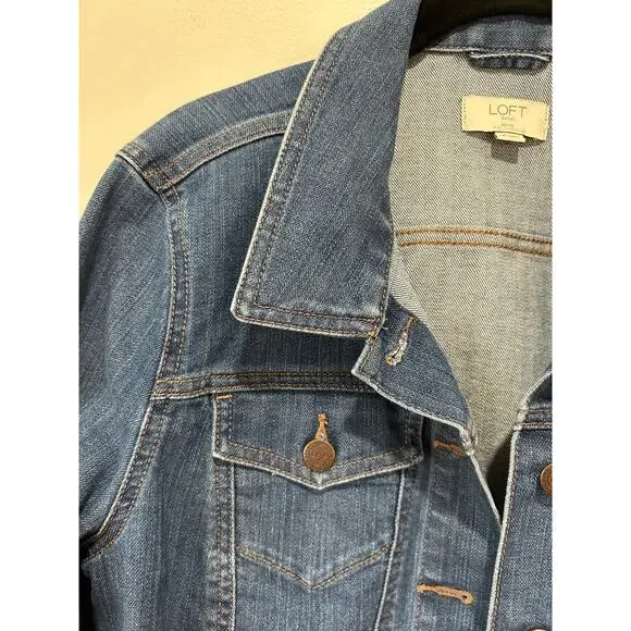 Loft Jean jacket womens L petite dark wash some stretch classic - Picture 2 of 7